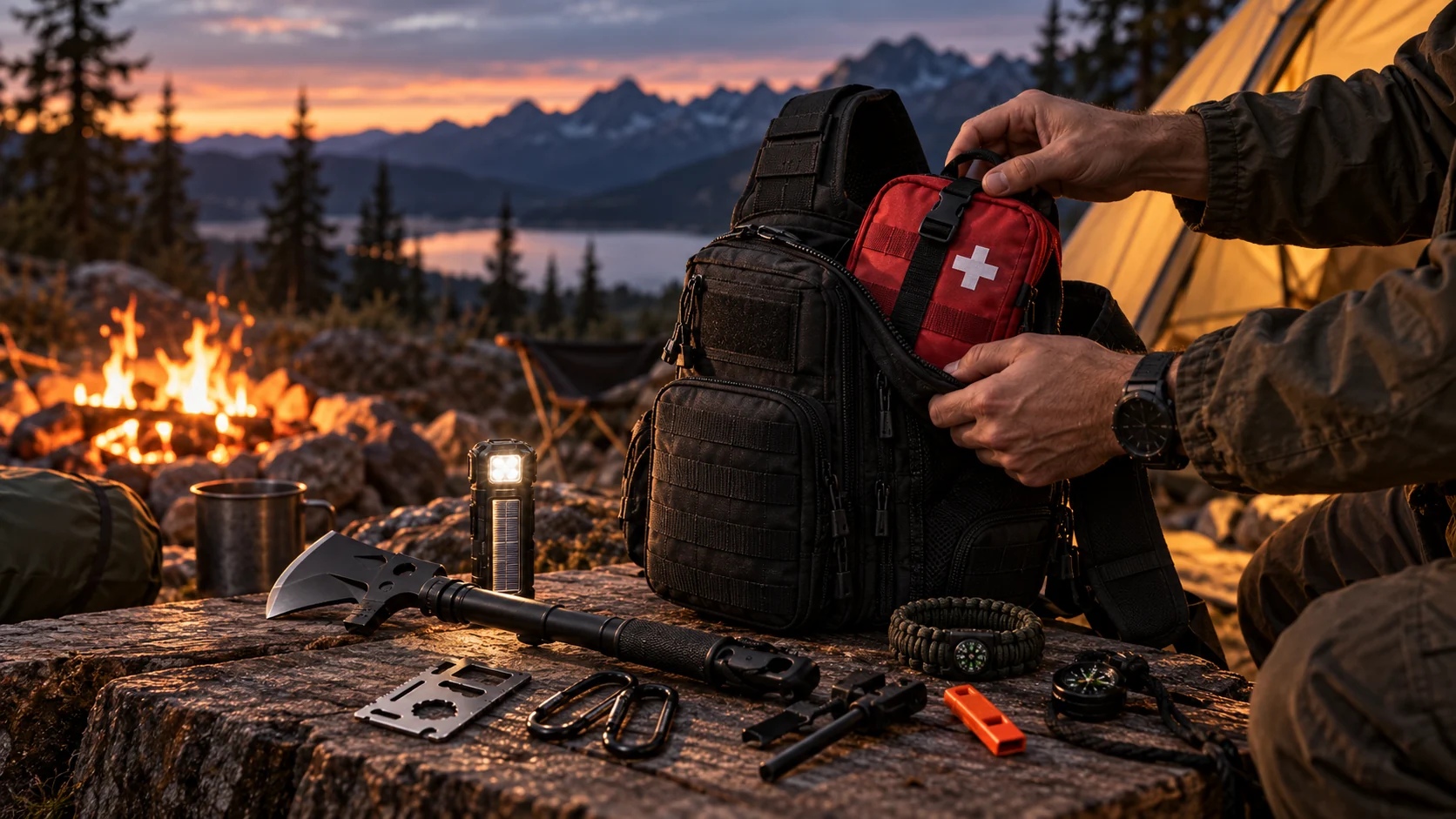 AI-generated concept of preparing equipment at a twilight campsite