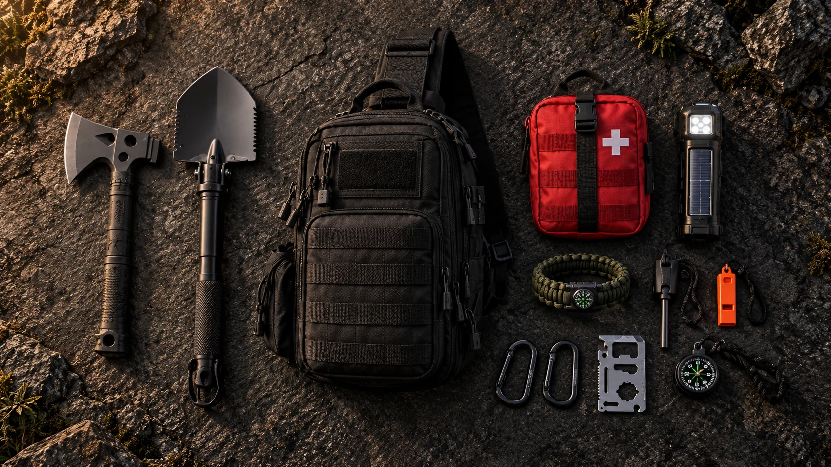 AI-generated editorial flat lay of outdoor equipment; not an exact contents photograph