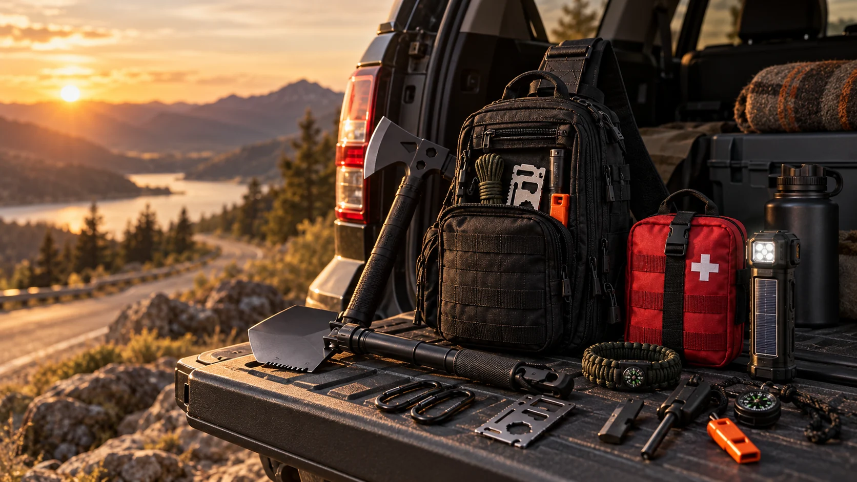 AI-generated concept of a road-trip kit on an SUV tailgate