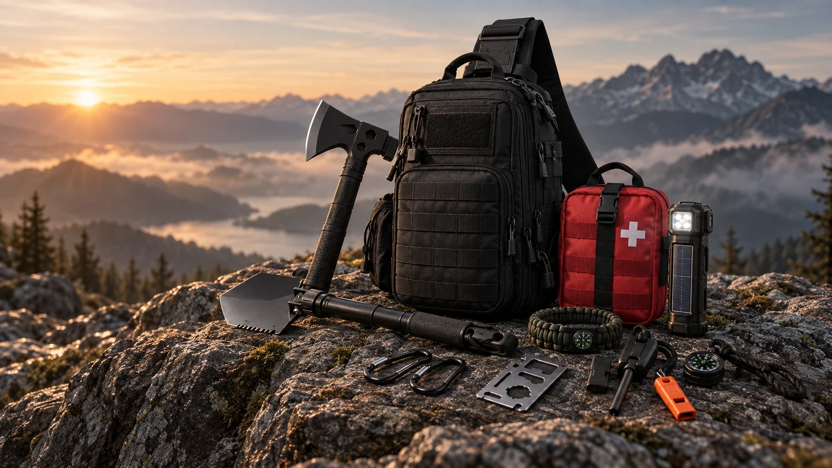 AI-generated outdoor campaign concept: survival equipment at sunrise
